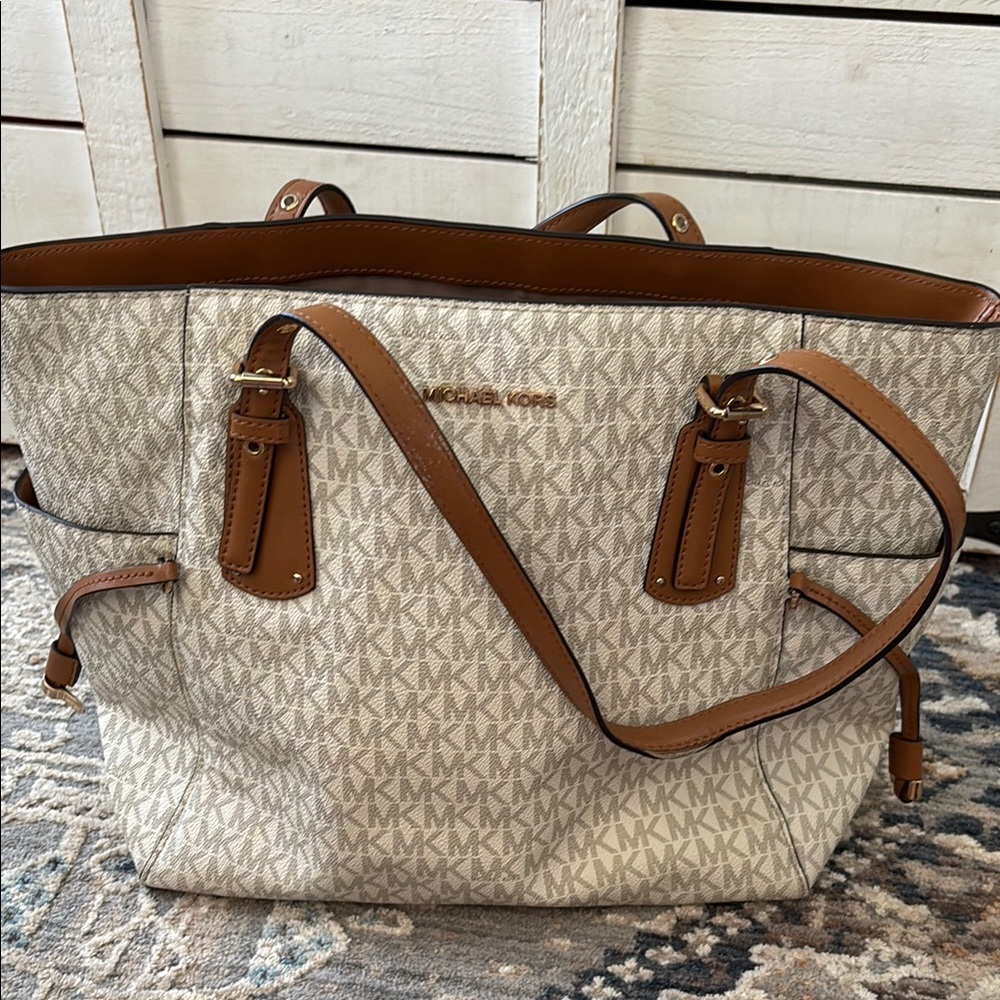 Michael Kors Cream and Tan Tote Bag with Signature Monogram
